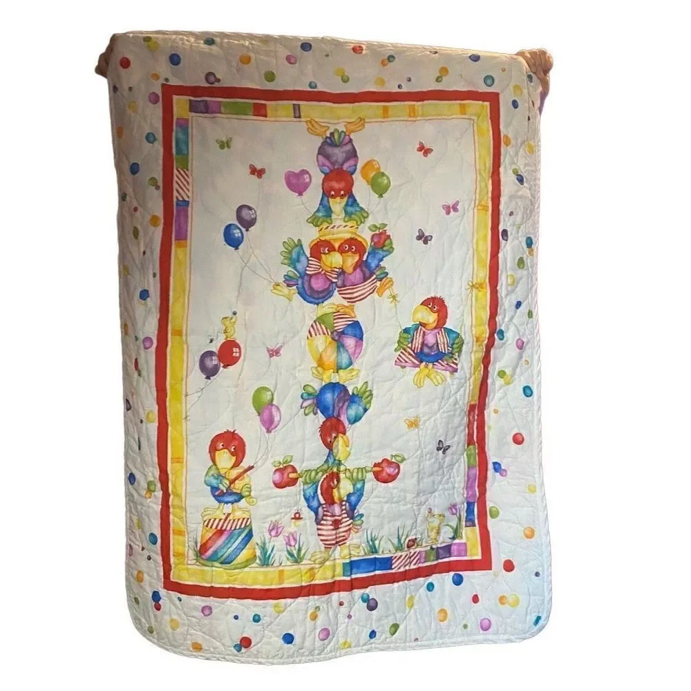 Vintage Artesian Circus‎ Parrots Machine Stiched Baby Quilt SEE DESCRIPTION